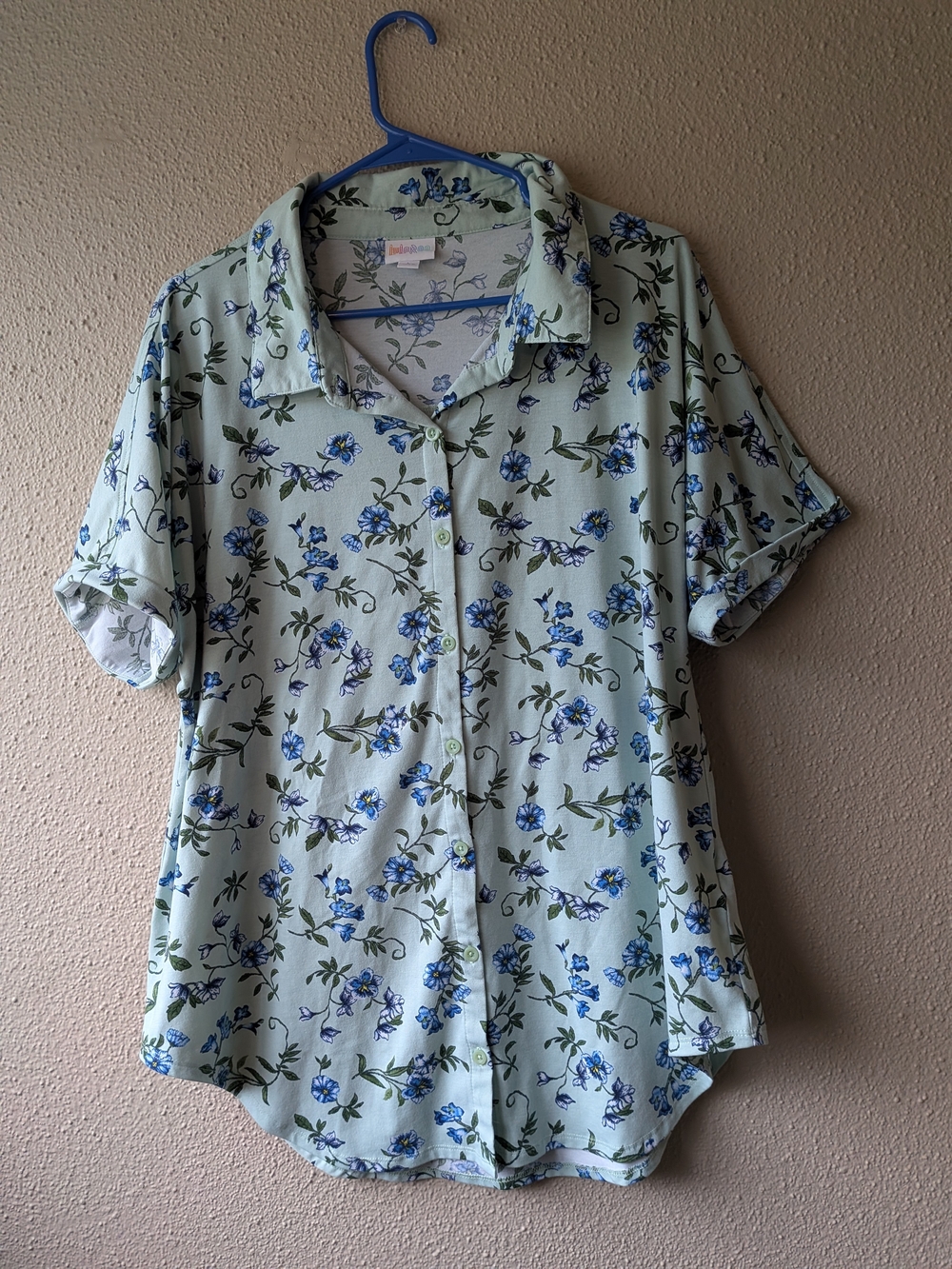 LuLaRoe Mint Green Button-Up Shirt with Blue Floral Print